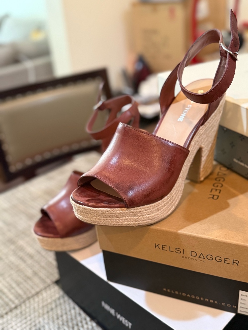 Sun and Stone Tan Leather Espadrille Wedge Sandals